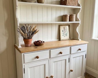 Large Painted Pine Welsh Dresser - Rustic Farmhouse Kitchen Hutched Sideboard - Modern Country Display Cabinet, Shabby Chic Two Piece Buffet