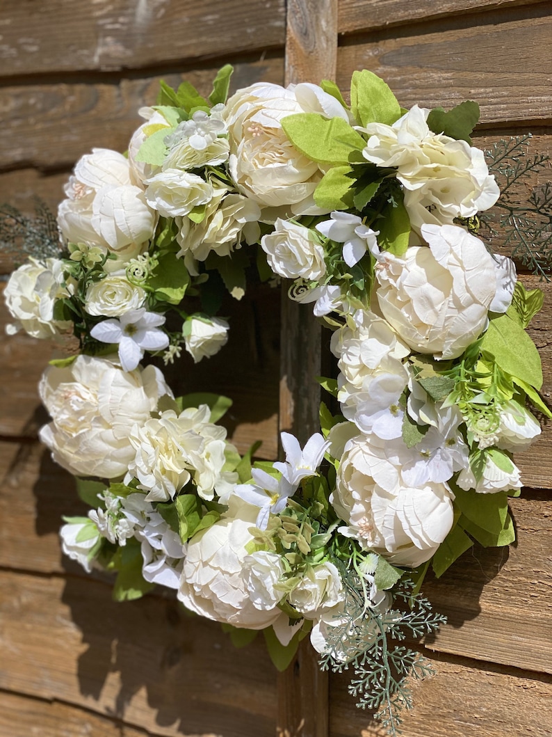 White Door Wreath, Spring theme, Round, For The Front Door, Wedding, Home, Decoration, Artificial Flower, Wreath Peony, 40cm, Christmas gift image 3