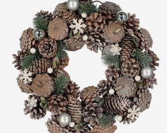 Multicoloured natural Christmas wreath decoration, Pinecone, 32x32cm, wall or door hung, woodland, white - (TK010)