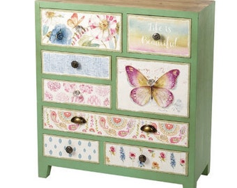 SOLD Shabby Chic Floral Chest of Draws, storage unit, sideboard, green, distressed