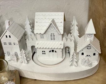 Traditional Wooden White Christmas Scene With Moving Train and LED Lights, Battery Operated, ornament, village scene, decoration