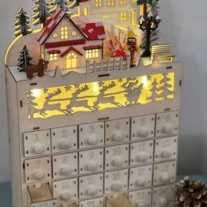 Christmas wooden light up advent calendar, adult children alike, countdown, December 1st, reindeer, santas sleigh, village, wood keepsake image 2