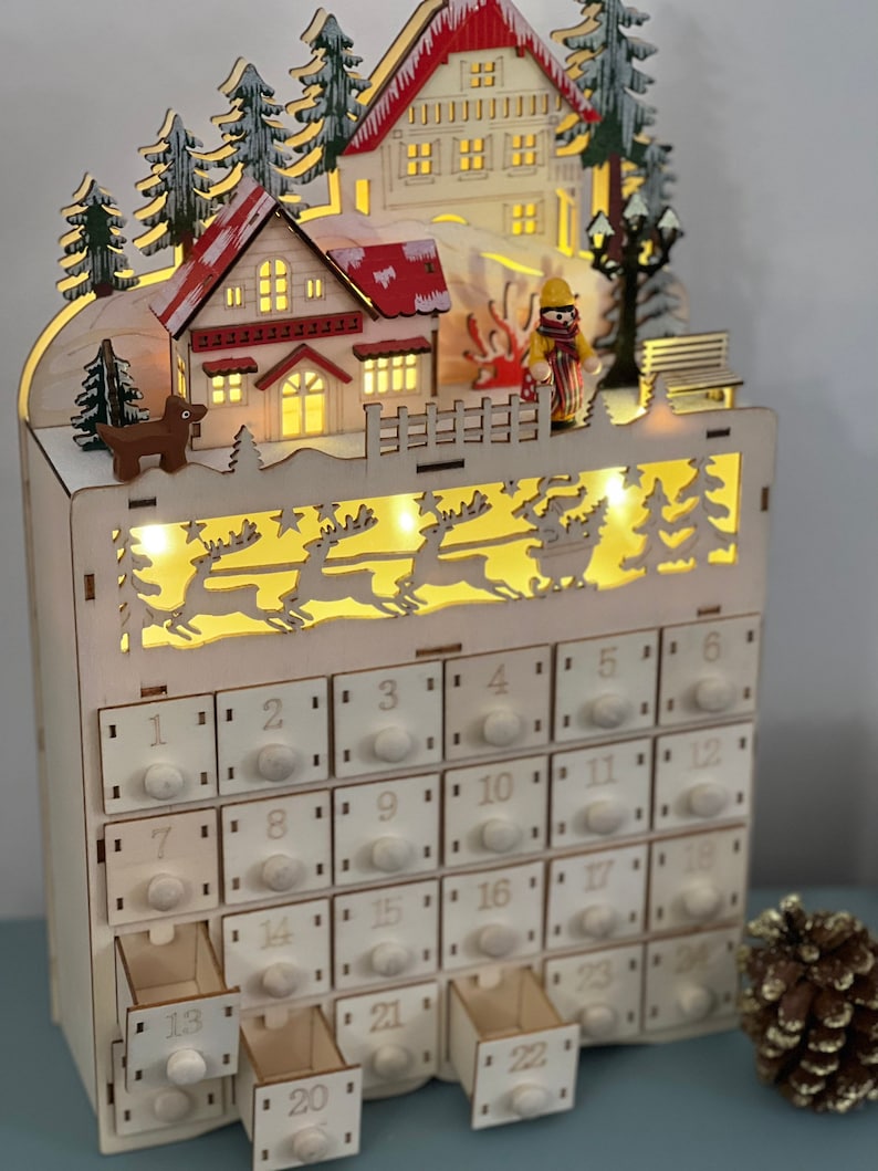 Christmas wooden light up advent calendar, adult children alike, countdown, December 1st, reindeer, santas sleigh, village, wood keepsake image 2