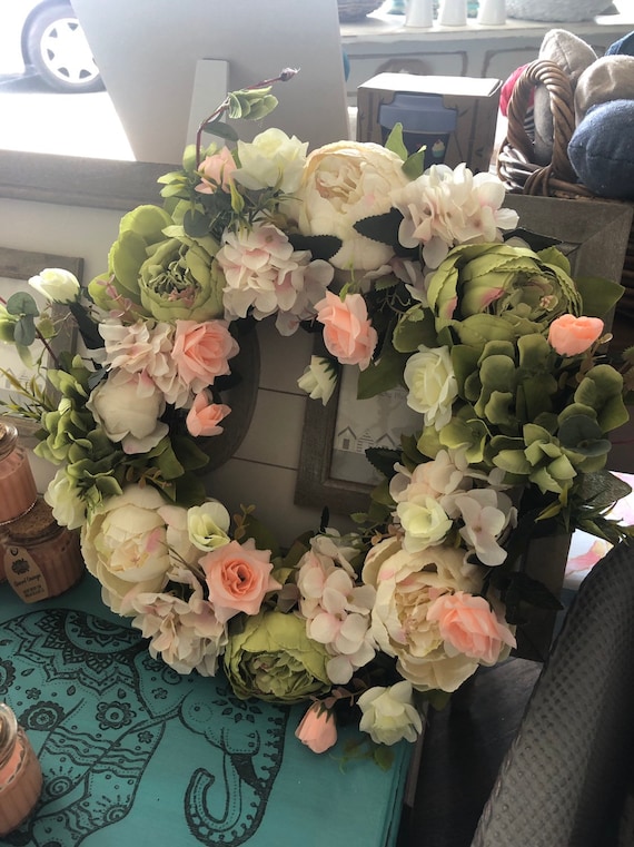 Door Wreath Spring Theme Round For The Front Door Wedding Etsy
