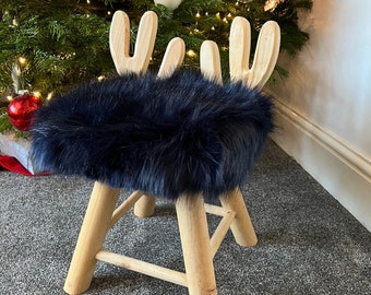 Child’s Wooden Deer Chair With Blue Faux Fur Seat, Deer Antlers, Christmas Gift, Fur Chair, Woodland Theme, Eco Friedly, Reindeer Chair