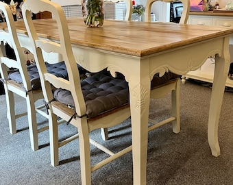 SOLD Wooden Large Dining Table & Four Chairs. Cream and Wood Elegant Ornate Shabby Chic Style. 4 or 6 Seater.