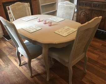 SOLD Please contact for custom orders - French Bergère Table, 4 Chairs, hand painted French Grey, reupholstered seats. Complete dining set.