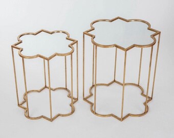 Metal side tables, nest of tables, Gold Gilt Leaf, minimalist interior decor, set of two tables, living room dining room