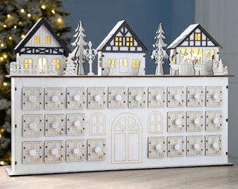 LED Christmas wooden advent house, woodland scene white, reindeer, adult / children alike, countdown to Christmas, December 1st, treats