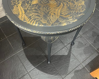SOLD Hand-Painted Wooden Half Moon Side Table – Fusion Mineral Paint, Kacha Transfer Design, Metallic Accents, black and gold furniture