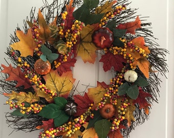 Fall, Autumn, artificial and real wreath decoration, wall or door hung, berry and maple leaf design, large garland ornament, thanksgiving