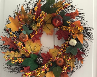 Fall, Autumn, artificial and real wreath decoration, wall or door hung, berry and maple leaf design, large garland ornament, thanksgiving