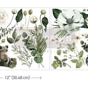 May include: A sheet of floral and botanical design transfers, 12 inches (30.48 cm) wide. The design features white flowers, green leaves, and a frog. The transfers are suitable for various craft projects.