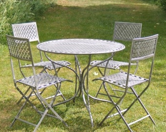 5 piece metal bistro set, round table and 4 chairs, latticed seats, antique pewter colour, outdoor furniture, dining set, garden