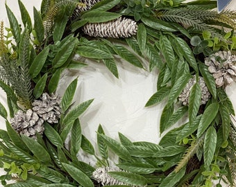 Pine cone and artificial green foliage design, Christmas wall / door wreath decoration, table centrepiece, candle holder