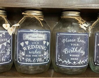 Large Glass wish Jars, screw top, savings, notes, memory cards, mum to be, mr&mrs, christening, wedding, Birthday