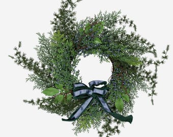 Green foliage, blue berry, ribbon, artificial wreath 45x45cm, Christmas decoration, wall or door hung, woodland, Frosted - (TK019)