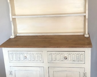 SOLD Dutch Dresser, Shabby chic country style distressed, Sideboard Storage, round top. Antique white rustoleum, clear varnish, annie sloan