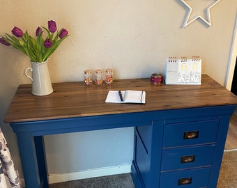 SOLD Solid wood writing desk, oak, with three storage drawers, for office study bedroom workspace, working from home, blue, copper accents