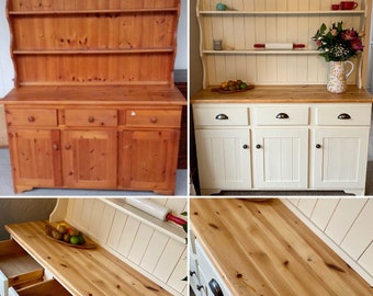 SOLD Pine Welsh dresser, triple cupboard, top and bottom, complete unit, hand painted, Farrow & Ball, natural wood top