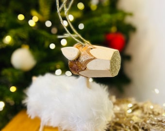 Traditional Christmas Wooden Reindeer Ornament With Faux Fur Body, Mantlepiece Ornament, Woodland Theme, Eco Friendly, Gold Antlers, Rudolph