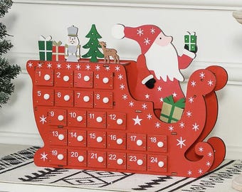 Christmas wooden advent calendar sleigh, adult and children, countdown December 1st, santas sleigh, red &white wood keepsake