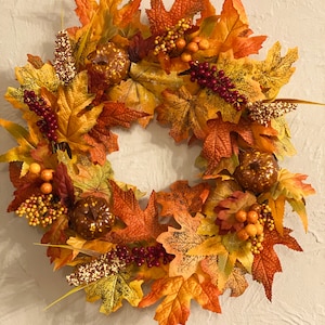 Fall, Autumn, artificil wreath decoration, rattan, wall or door hung, berry, pumpkin maple leaf design, large garland ornament, thanksgiving image 3