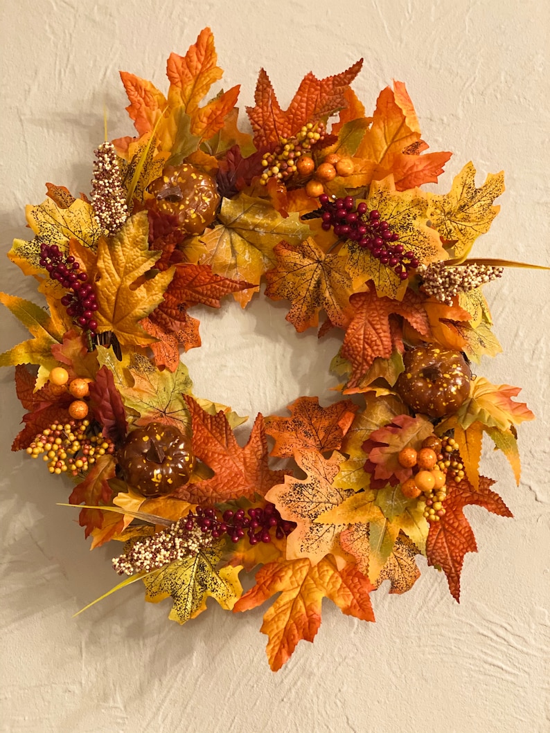 Fall, Autumn, artificil wreath decoration, rattan, wall or door hung, berry, pumpkin maple leaf design, large garland ornament, thanksgiving image 3