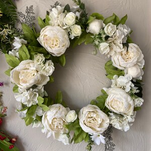 White Door Wreath, Spring theme, Round, For The Front Door, Wedding, Home, Decoration, Artificial Flower, Wreath Peony, 40cm, Christmas gift image 6