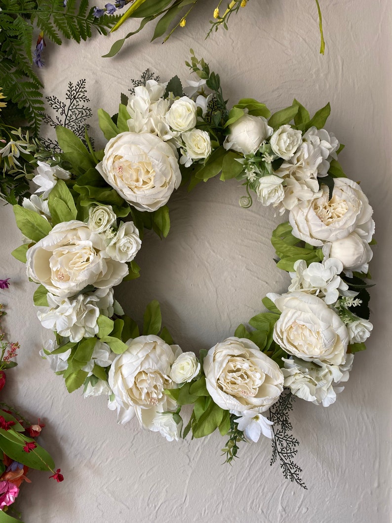 White Door Wreath, Spring theme, Round, For The Front Door, Wedding, Home, Decoration, Artificial Flower, Wreath Peony, 40cm, Christmas gift image 6