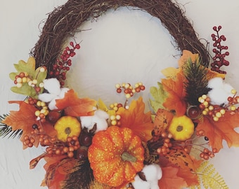 Fall, Autumn, artificial and real wreath decoration, wall or door hung, berry and maple leaf design, nuts, pumpkin, Thanksgiving display