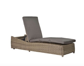 Aluminium and Rattan Effect lounger / chaise, linen, garden furniture, lounger, seating, entertaining, brown / neutral, poly rattan / wicker