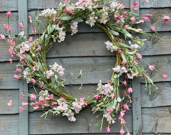 Country Bloom Door Wreath, Fern & Wildflowers, Spring theme, Round, For The Front Door, English Heath Pastel Artificial Flower, large