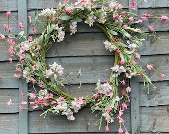 Country Bloom Door Wreath, Fern & Wildflowers, Spring theme, Round, For The Front Door, English Heath Pastel Artificial Flower, large