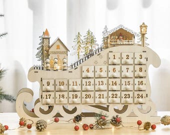 LED Christmas wooden advent calendar sleigh, adult and children, countdown December 1st, santas sleigh, wooden keepsake, light up