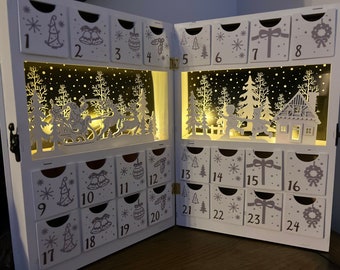 LED Christmas wooden advent calendar book, light up, adult and children, countdown December 1st, reindeer santas sleigh, white wood keepsake
