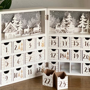 Christmas wooden advent calendar book, adult and children alike, countdown, December 1st, reindeer, santas sleigh, white and wood keepsake image 1