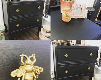 SOLDChest of drawers, hand painted, black & gold, storage, sideboard, 2 draw chest, nursery, playroom furniture, bed side table, bee handles