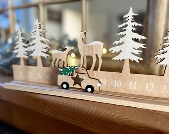 Wooden Car Advent Countdown to Christmas, Advent Calendar, Fireplace & Shelf Decoration, Family Countdown, Christmas Tree