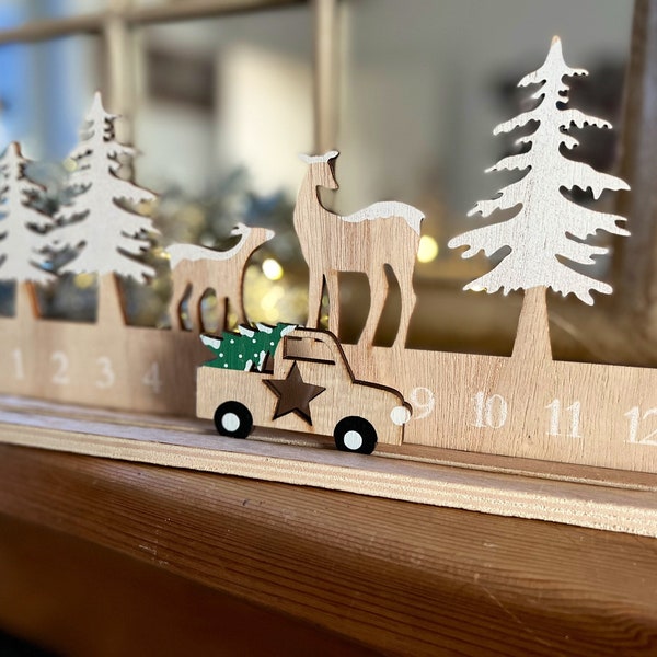 Conto alla rovescia dell'Avvento per Natale in auto in legno, calendario dell'Avvento, decorazione per caminetto e mensola, conto alla rovescia per la famiglia, albero di Natale