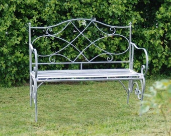 Grey Vintage Metal Bench, Love Seat, Garden Furniture, patio bench, French style, farmhouse, rustic