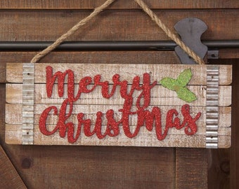 Handmade Merry Christmas Wooden Plaque sign, glitter, rope, wood, metal, Christmas decoration