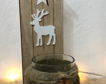 Wooden reindeer candle holder, Christmas decoration, woodland, faux fur, bells, rustic, traditional
