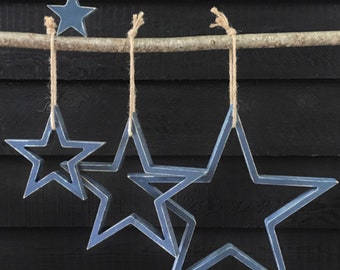 Wooden stars set of 4, outlined and block, living room wall decor, man cave, she shed, navy blue, hand painted, can be customised