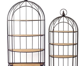 Set of 2 bird cage bookshelves, bookcase, metal & wood, display, storage, living room, dining room, office, retail display unit, bedroom