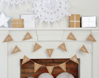 Merry Christmas design kraft bunting. Wall or door hung. Christmas party decoration, silver foil garland.