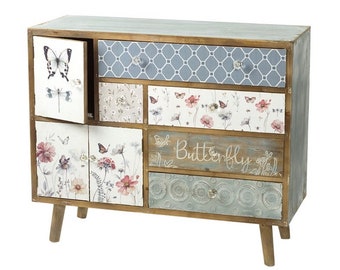 Wooden sideboard, storage unit, floral design, shabby chic, hand painted, butterfly, flowers, summer meadow, multi size draw chest, tv unit