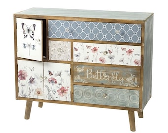 Wooden sideboard, storage unit, floral design, shabby chic, hand painted, butterfly, flowers, summer meadow, multi size draw chest, tv unit