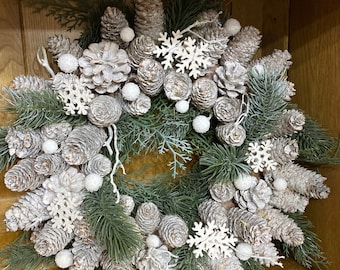 Christmas wreath decoration white frosted berry wreath with pine cones and snowflakes, 34cm wall or door hung, pinecone, twine, stars