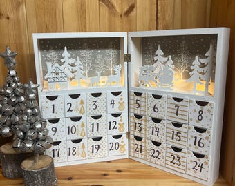 LED Christmas wooden advent calendar book, light up, adult and children, countdown December 1st, reindeer santas sleigh, white wood keepsake